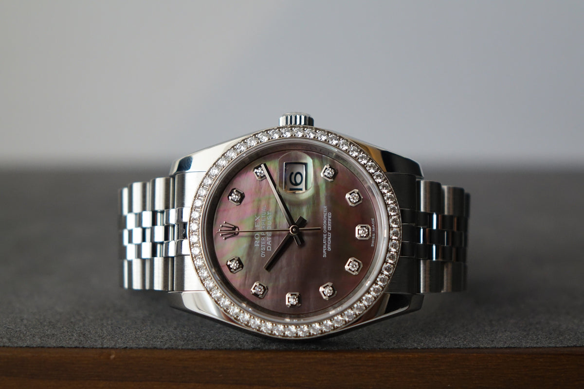 Rolex Datejust 36 116244 MOP Tahitian dial factory diamond bezel full set