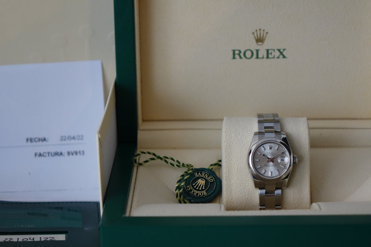 Rolex DateJust 26 179160 silver dial full set partial factory sticker