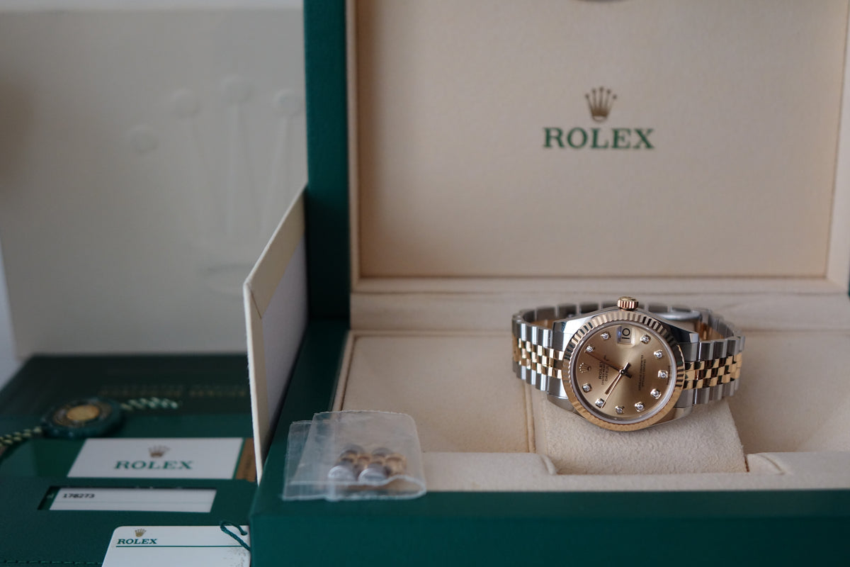Rolex DateJust 31 178273G 10pt diamond champagne full set