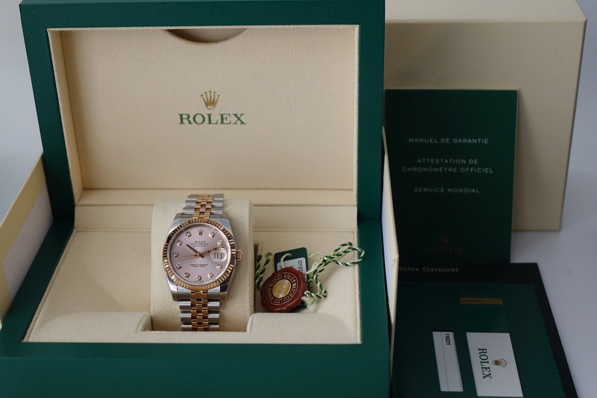NOS Rolex Datejust 36 half gold pink 10 pt diamond dial 116231G