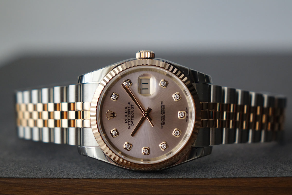NOS Rolex Datejust 36 half gold pink 10 pt diamond dial 116231G
